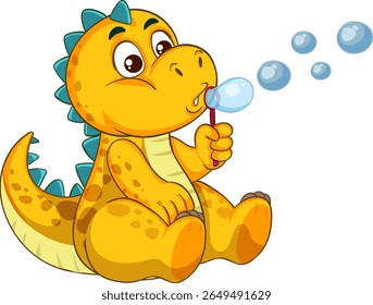 Adorable cartoon dinosaur blowing bubbles, vibrant colors, playful expression, ideal for children's content and educational materials