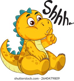 Adorable cartoon dinosaur making a shushing gesture. Bright colors and playful style enhance its charming appeal