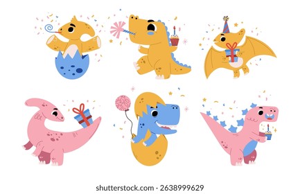 Adorable Cartoon Dinosaurs Having a Delightful Celebration with Colorful Gifts and Fun
