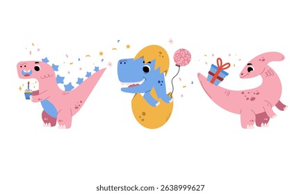 Adorable Cartoon Dinosaurs Joyfully Celebrating with Colorful Gifts and Beautiful Balloons