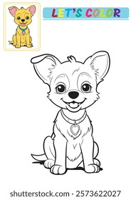 Adorable cartoon dog coloring page with a smiling puppy, big eyes, and a heart-shaped tag. Includes a vibrant colored reference, perfect for kids’ activity books, educational materials, and pet-themed