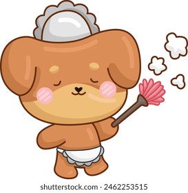 Adorable cartoon dog dressed as a maid, holding a pink feather duster. Perfect for children's books and playful designs.