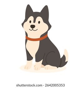 An adorable cartoon dog husky sits with a cheerful demeanor, featuring a mixed coat color and a bright collar. The character exudes friendliness and charm.
