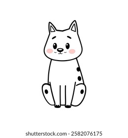 Adorable cartoon dog illustration with blush cheeks, simple black spots, and a friendly expression on a white background.
