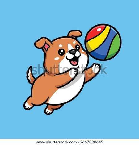 An adorable cartoon dog leaps to catch a colorful beach ball. This playful and energetic illustration is perfect for summer, pet, and fun-themed designs. Vector Illustration