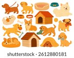Adorable cartoon dog set with puppies, toys, beds, food bowls, bones, and dog houses. Cute vector clipart illustrations for kids, pet lovers, and design projects.

