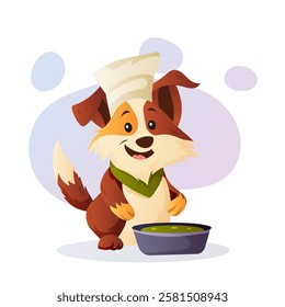 An adorable cartoon dog wearing a chefs hat and bandana smiles while standing in front of a bowl of food. Vector illustration.  
