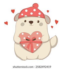 Adorable cartoon dog wearing a polka dot hat, holding a heart-shaped gift with a bow, surrounded by small red hearts