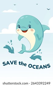 Adorable cartoon dolphin jumping from water with Save the Oceans message, promoting marine conservation in child friendly design. Great for posters, eco friendly products. Vector art

