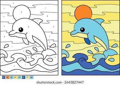 Adorable cartoon dolphin leaps out of the ocean waves under a bright sun in this illustration featuring the color-by-number outline page and the completed vibrant colored version side-by-side.