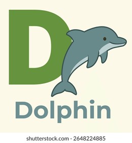 Adorável golfinho de desenho animado ao lado da letra D. Perfeito para o aprendizado do alfabeto das crianças, fones, flashcards de animais e visuais educativos. Isolado no branco.