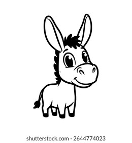 Adorable cartoon donkey with big eyes and cute face in bold black outline style. Vector Illustration