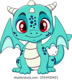 An adorable cartoon dragon with a cheerful expression, large red eyes, and a playful design. The dragon is teal-colored, with light blue wings and belly, small horns,