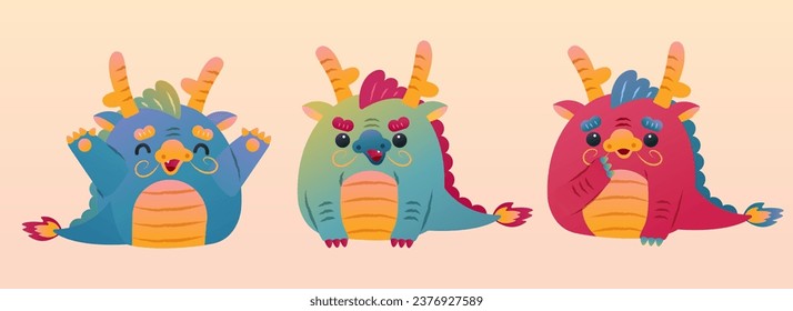 Un adorable elemento de dragón de dibujos animados se aísla sobre fondo beige. Dragones de bebé azules, turquesas y rojos claros con diferentes expresiones.