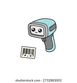 Adorable dibujo de dibujos animados de un escáner de código de barras azul y una etiqueta de código de barras sonriente, ideal para conceptos de venta minorista y tecnología.