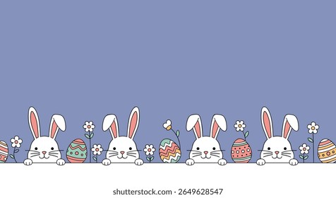 Adorável desenhos animados coelhinhos de páscoa com ovos decorados e flores silvestres em um fundo azul pastel macio comemorando as tradições de férias da primavera