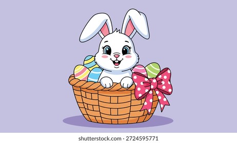 Adorável desenho animado coelho de Páscoa espiando de uma cesta tecida cheia de ovos decorados vibrantes e um festivo polka ponto arco.