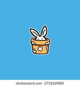 Adorable cartoon easter bunny peeks from a decorative pot, framed with bold outlines. Perfect for spring, Easter, or playful branding. Great for kids’ products, stickers, and lighthearted campaigns.