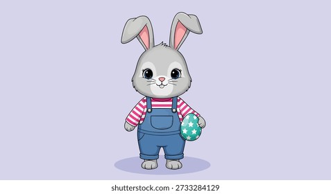 An adorable cartoon Easter bunny wearing overalls and a striped shirt, holding a colorful patterned Easter egg.