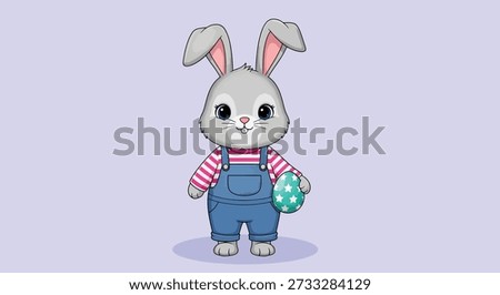 An adorable cartoon Easter bunny wearing overalls and a striped shirt, holding a colorful patterned Easter egg.