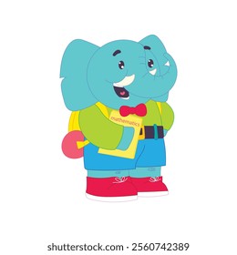 Adorable cartoon elephant with a backpack and books, ready for school. Education-themed illustration.