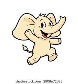 Adorable cartoon elephant with big ears and a cheerful expression, walking energetically on a white background. Playful and friendly style