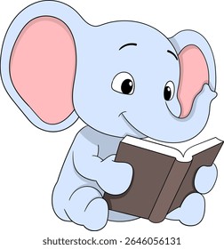 Adorable cartoon elephant calf happily reading a book, perfect for childrens education materials, library promotions, or wildlife learning content