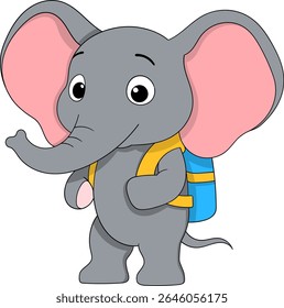 Adorable cartoon elephant character with large pink ears and a blue yellow backpack, standing and smiling