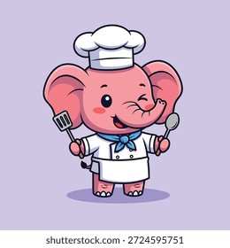 Bezaubernder Cartoon Elefant gekleidet als Koch, zwinkernd und halten Küchenutensilien, bereit zu kochen.