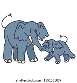  Adorable Cartoon Elephant Mother And Calf Vector Clip Art. Savannah Animal with Trunk Icon. Hand Drawn Kawaii Kid Motif Illustration of Wildlife in Flat Color. Isolated Baby, Nursery and Character. 