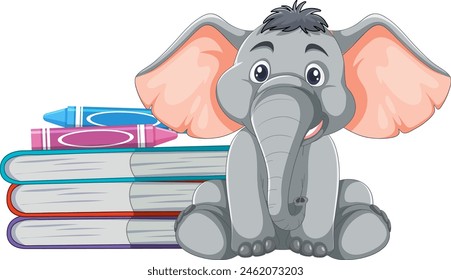 Adorable cartoon elephant sitting behind stacked books