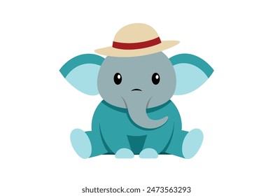 Adorable cartoon elephant sitting with a Panama hat in this charming vector art illustration. Perfectly capturing cuteness and style, this artwork brings a playful and delightful touch to any project