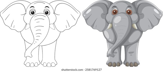 Adorable cartoon elephants in color and outline