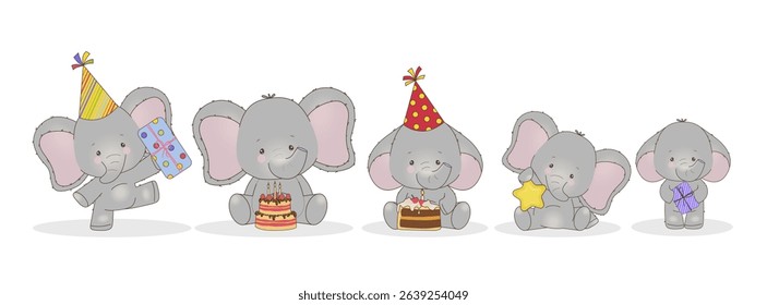 Adorable cartoon elephants wearing party hats, holding cakes and presents. This joyful vector illustration depicts a playful birthday celebration with cheerful expressions.