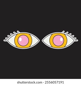 Adorable Cartoon Eyes Illustration with Pink Pupils on Black Background – Perfect for Stickers and Design Projects