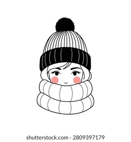 Adorable cartoon face bundled in a thick scarf and pom-pom beanie, with rosy cheeks and a cozy winter vibe