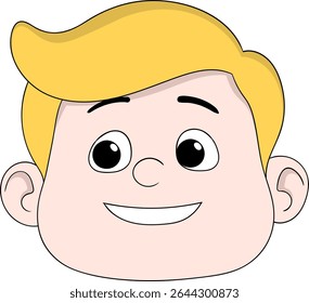 Rosto de desenho animado adorável de um menino sorridente com cabelo loiro e olhos grandes.