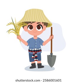 adorable cartoon farmer with manual farming tools working, agriculture tools