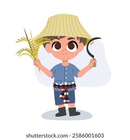 adorable cartoon farmer with manual farming tools working, agriculture tools