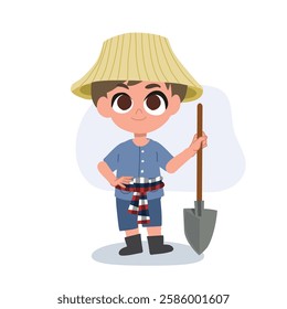 adorable cartoon farmer with manual farming tools working, agriculture tools