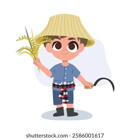 adorable cartoon farmer with manual farming tools working, agriculture tools