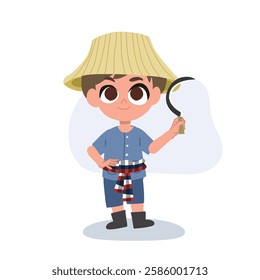 adorable cartoon farmer with manual farming tools working, agriculture tools