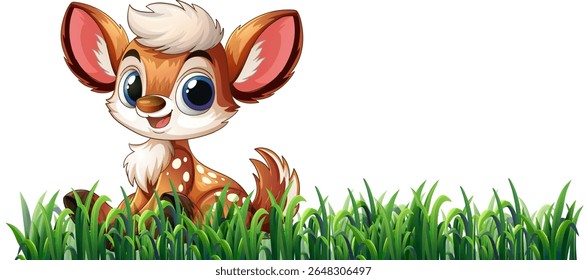 Adorable cartoon fawn with big eyes and fluffy fur, surrounded by vibrant green grass, in a playful vector style