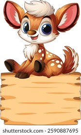 Adorable cartoon fawn resting on a blank sign