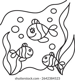 Adorable cartoon fish swimming amidst seaweed and bubbles.  Simple line art, perfect for children's books, coloring pages, or educational materials.