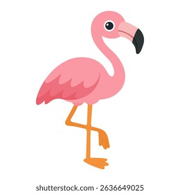 Adorable cartoon flamingo in pink color with one leg up, isolated on white background. Great for kids designs, summer themes, or tropical party decor.