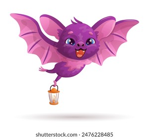 Adorable cartoon flying bat with lantern on white background. Character design. Vector illustration.	