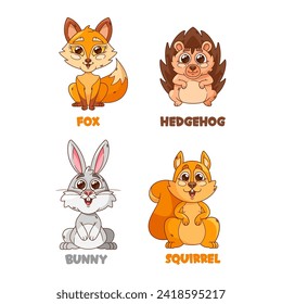 Adorable Cartoon Forest Animal Characters. Fuzzy Bunny, Smart Fox, Cute Hedgehog And Curious Squirrel With Smiling Faces