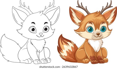 Adorable cartoon fox with antlers in vibrant colors and outline. Cute and whimsical style perfect for children's media