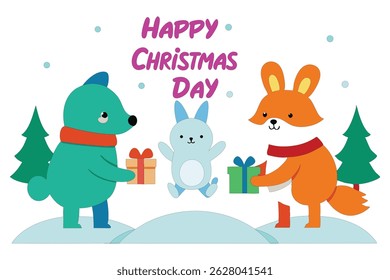 Adorable cartoon fox, bear, rabbit, and friends exchanging gifts in a snowy forest. A charming children’s Christmas illustration on white background—perfect for books, prints, and festive projects.